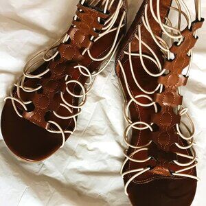 MIA FLAT LACE-UP, BROWN ZIPPERED-BACK LEATHER SANDALS, 7 1/2